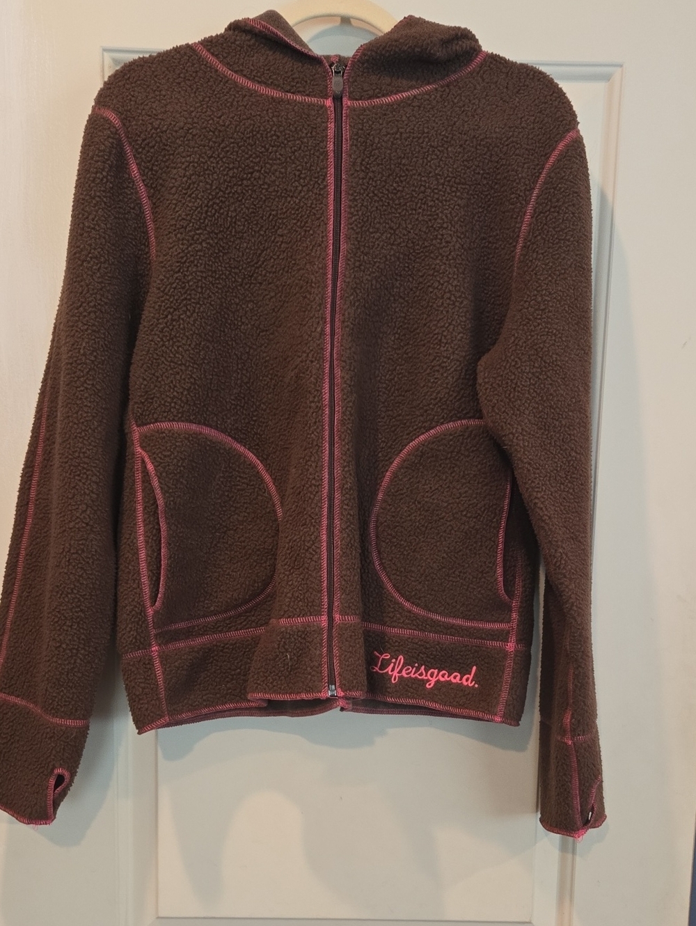 Life Is Good Brown Hooded Fleece Jacket with Pink Trim